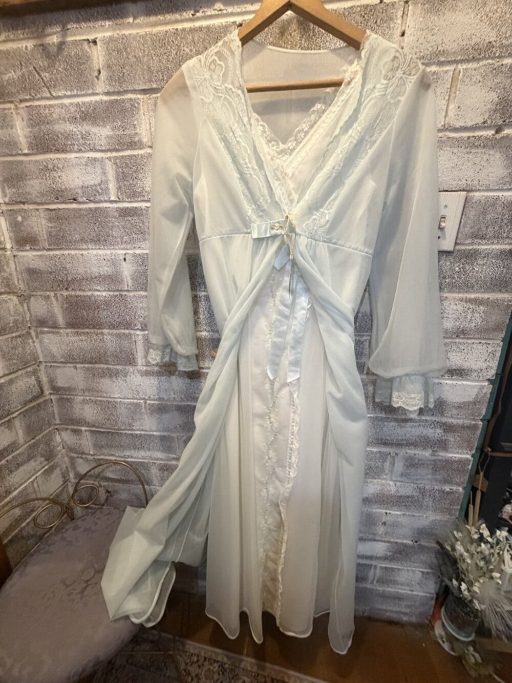 Vintage Powder Blue Lace Peignoir Set Sheer Nightgown & Matching Robe Romantic - Picture 10 of 12